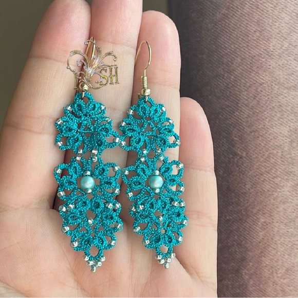 Tatting Earrings - Turquoise - Picture 3 of 4